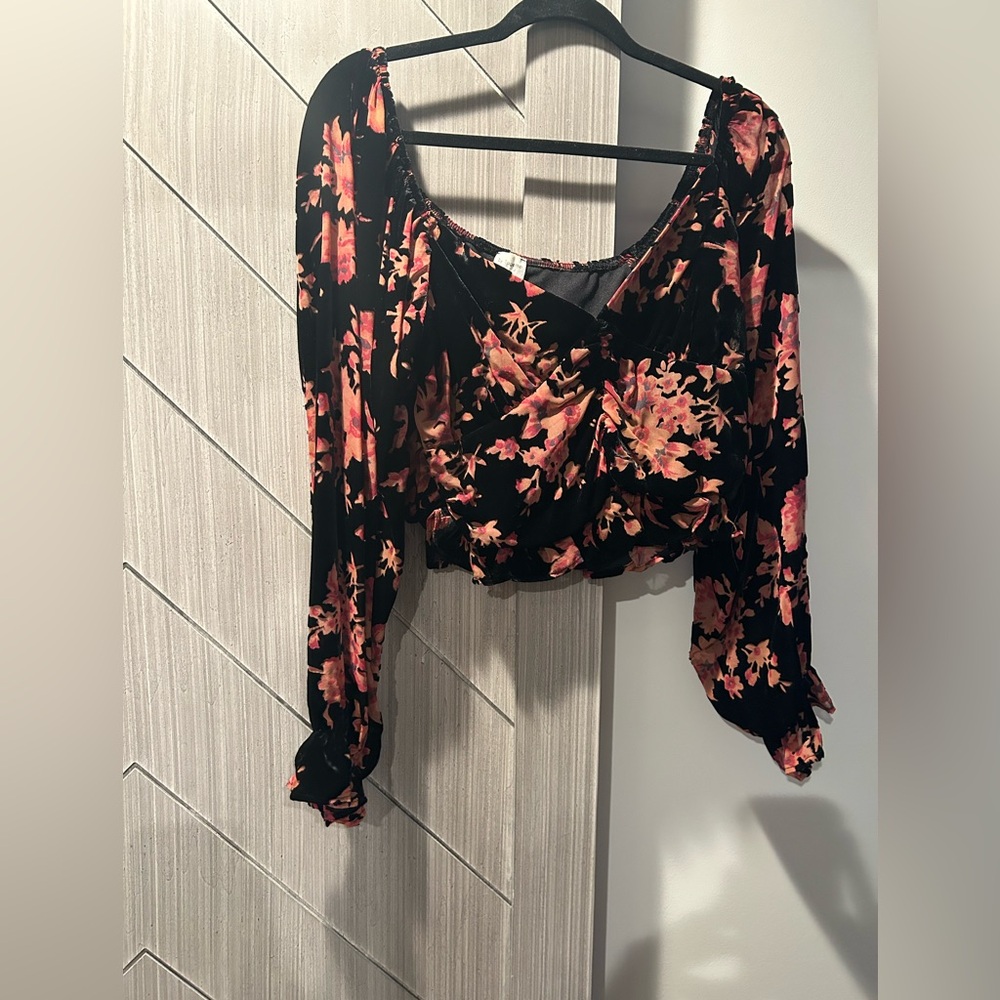 Black floral velour blouse